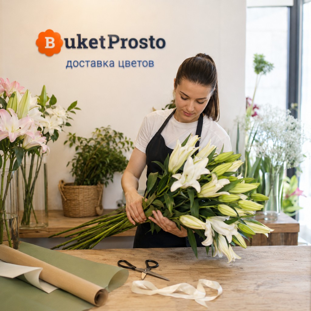 Флорист собирает букет лилий в «Букет Просто»